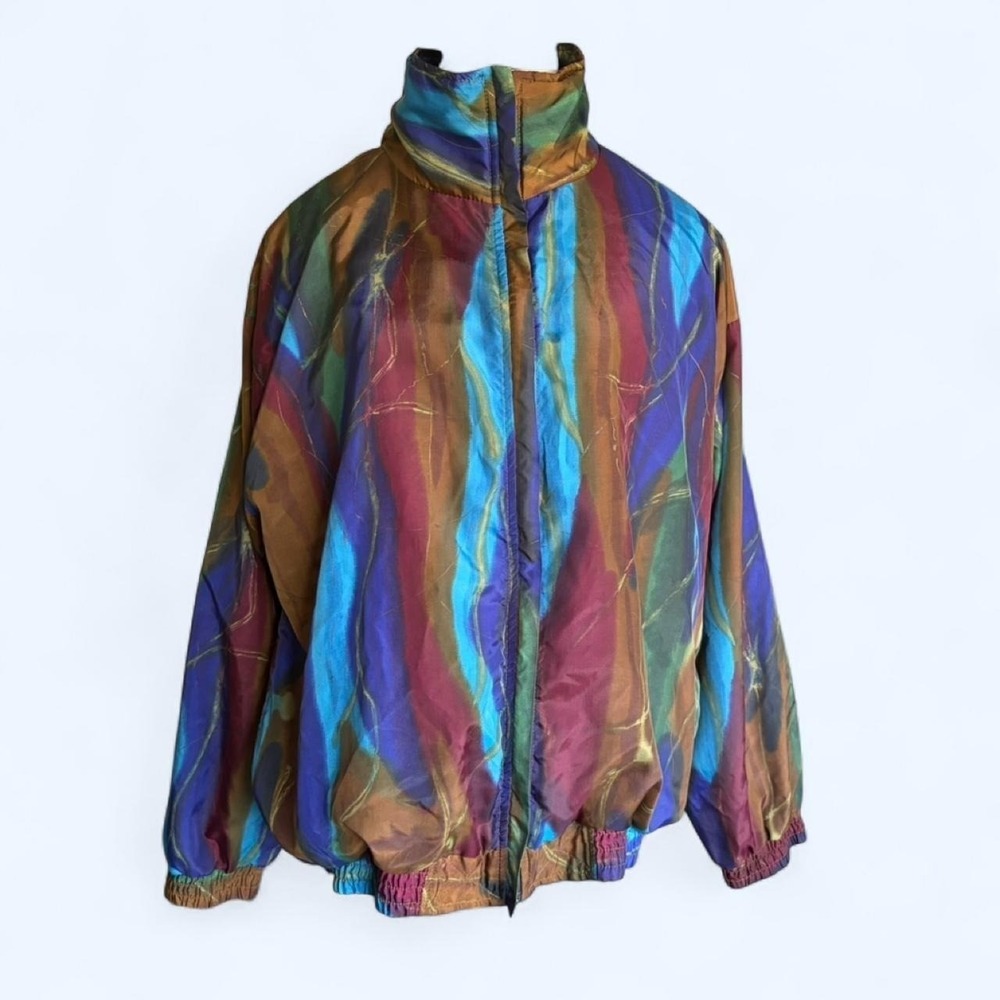 Vintage Carolina Bay Windbreaker Jacket Large Abstract Multi-Color 90s Retro Zip